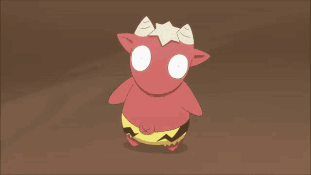 a cartoon drawing of a red monster with horns and a star on his head