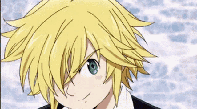 a cartoon character with yellow hair and a tattoo on his forehead is smiling .