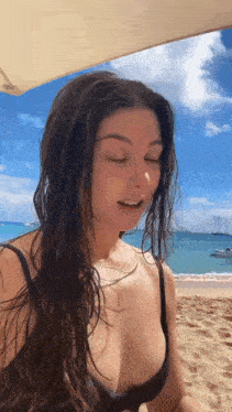 a woman in a bikini is sitting under an umbrella on a beach .