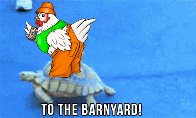 a cartoon of a chicken standing on top of a turtle with the words to the barnyard written below it