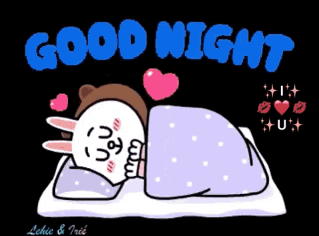 a cartoon of a rabbit and a bear sleeping under a blanket with the words good night written above them