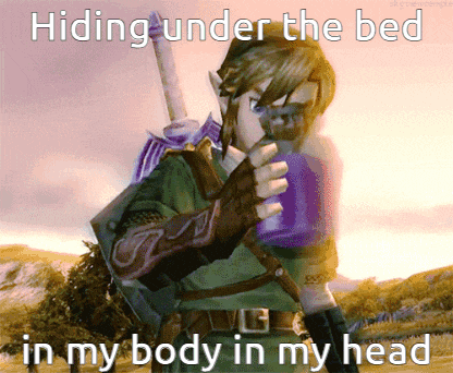 a video game character holding a sword with the words hiding under the bed in my body in my head