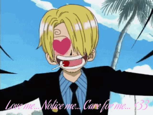 a cartoon of a man with a heart shaped eye and the words love me notice me care for me 33