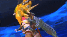a cartoon character is holding a sword in his hand in a video game .