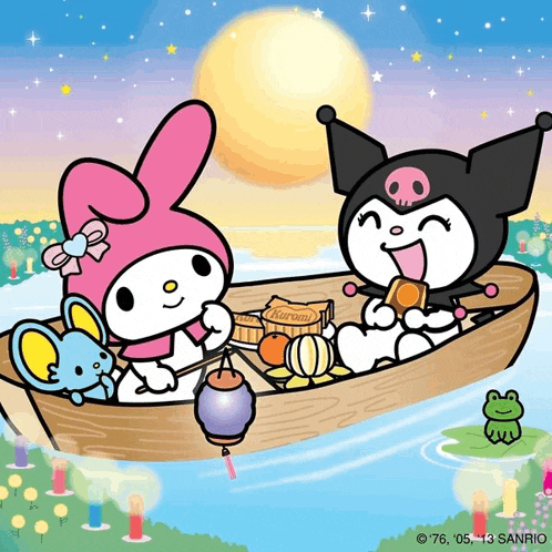 a cartoon of my melody and kuromi in a boat on a lake