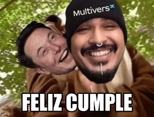 a man wearing a beanie that says multivers hugs another man