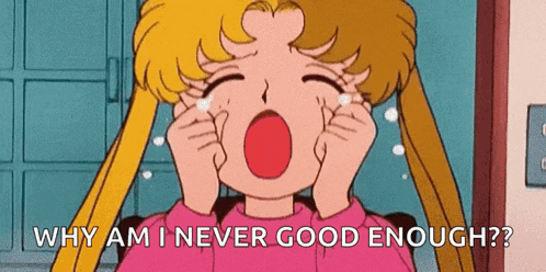 a cartoon of a girl crying and asking why am i never good enough .