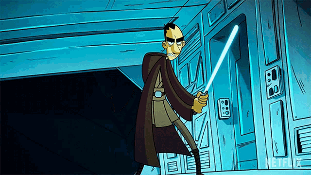 a cartoon of a man holding a light saber with a netflix logo in the background