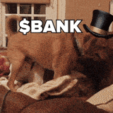 a dog wearing a top hat with the word bank written above it