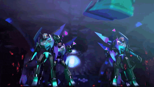 a couple of robots standing in a dark room