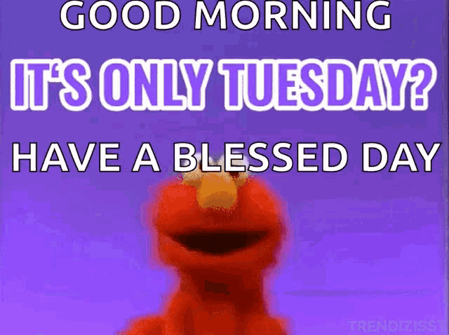 elmo says " good morning it 's only tuesday have a blessed day " on a purple background