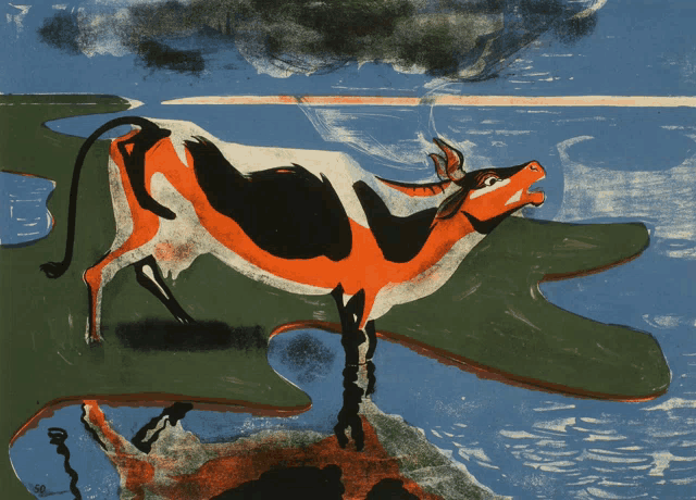 a painting of a cow standing in the water with a cloud in the background