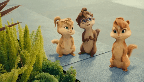 three cartoon chipmunks standing next to each other on a sidewalk