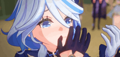 a girl with blue hair and white gloves covering her mouth