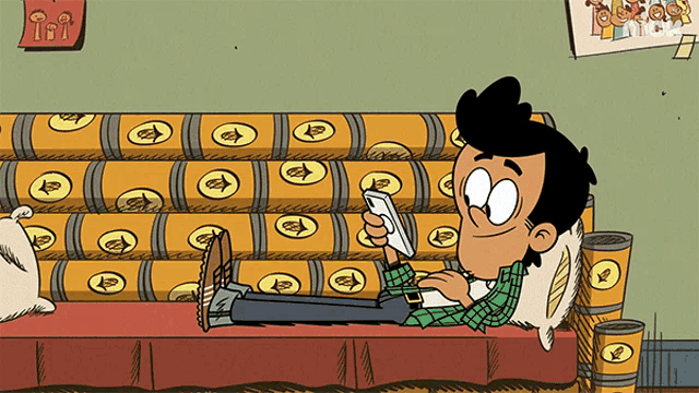 a cartoon of a boy laying on a couch looking at his phone
