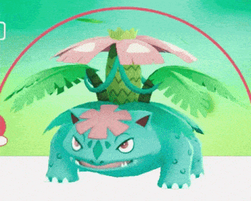 a pokemon with a pink flower on its head and green leaves