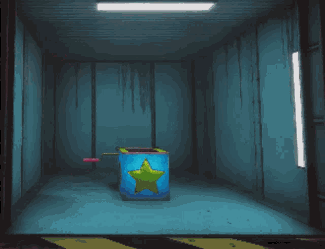 a robot with a star on its chest is in a room