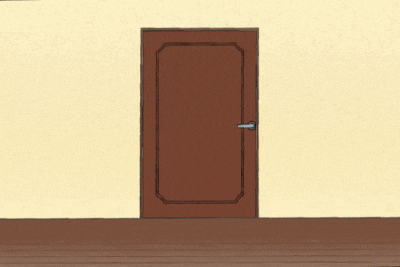 a cartoon of a person standing in front of a brown door