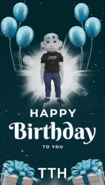 a happy birthday greeting card with a mascot and balloons