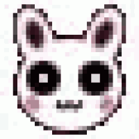 a pixel art of a panda bear 's face with black eyes and a pink nose .