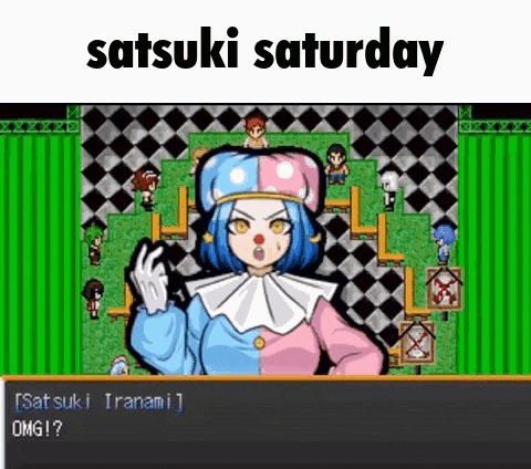 a girl in a clown costume is talking to a group of people in a game .