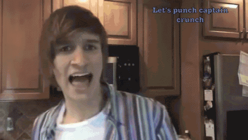 a man in a kitchen with the words let 's punch captain crunch