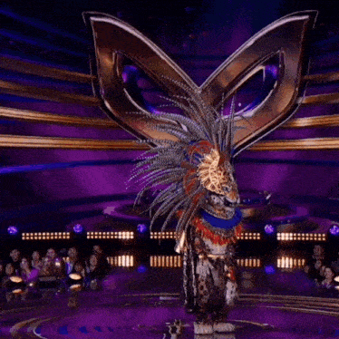 a person in a costume with feathers and a mask