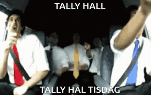 a group of men are sitting in a car with the words tally hall tally hal tisdag
