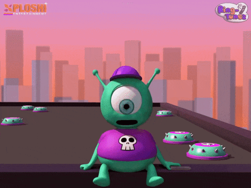a cartoon character with a skull on his shirt is sitting on a roof by splash entertainment