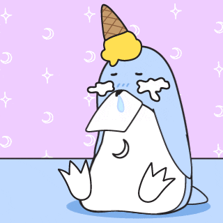 a cartoon of a penguin crying next to an ice cream cone on a pink background