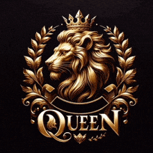a gold lion with a crown and the word queen on it