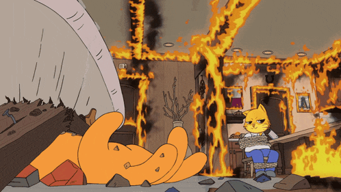 a cartoon of a cat tied up in a fire