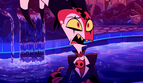 a cartoon character is standing in front of a waterfall with his mouth open