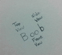 a white piece of paper has the words top view side view boob front view written on it