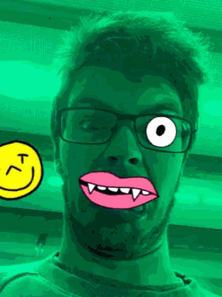 a man wearing glasses has a cartoon face drawn on his face and a yellow smiley face behind him