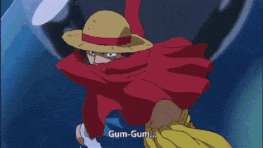 a cartoon character with a straw hat and a red cape says gum-gum