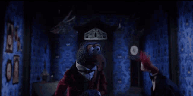 a cartoon character standing in a room with a clock on the wall