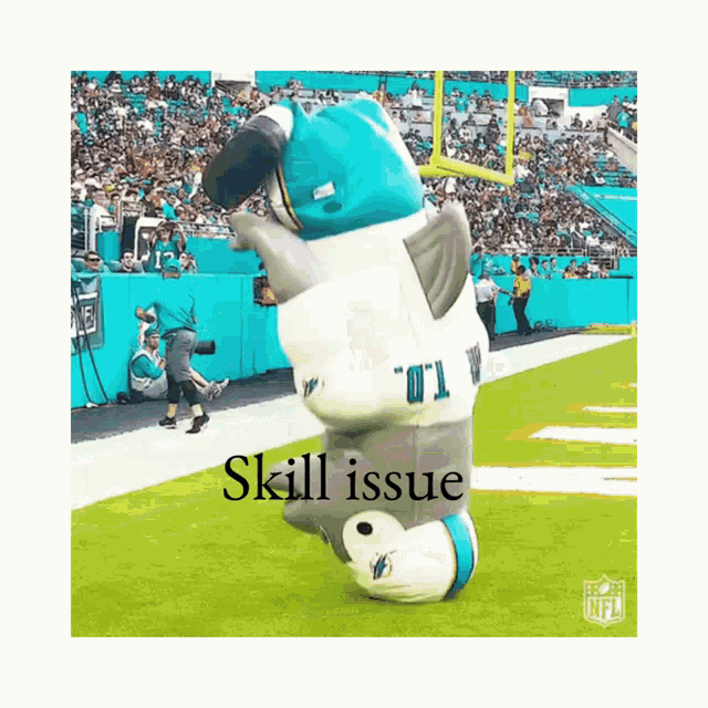 a dolphin mascot on a field with the words skill issue below it