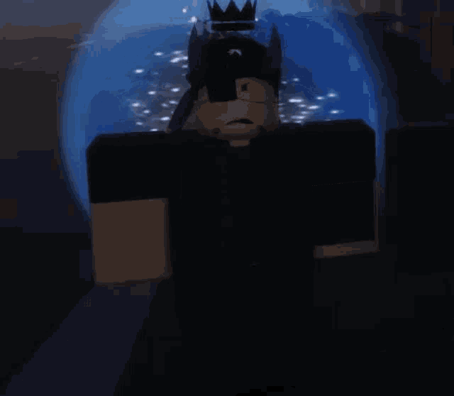 a cartoon character with a crown on his head is walking through a blue light .
