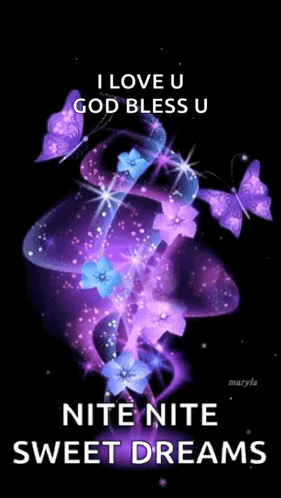 a picture of purple flowers and butterflies with the words `` i love u god bless u nite nite sweet dreams ''