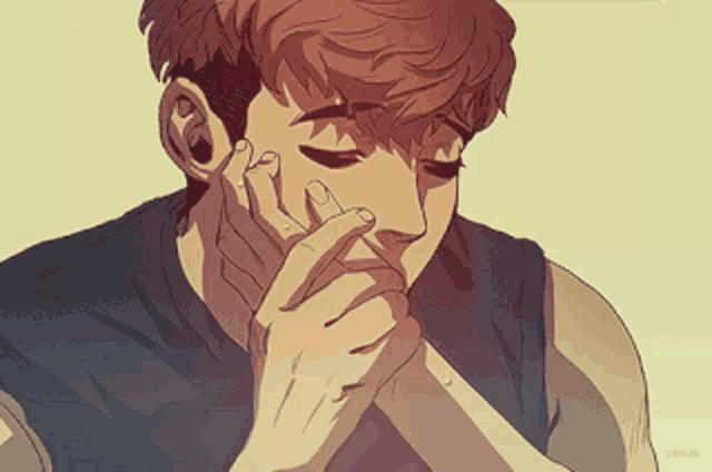 a drawing of a man with his hand on his mouth