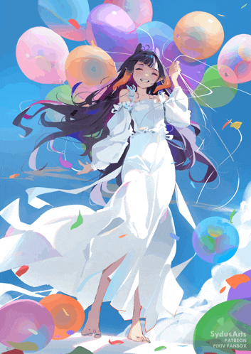 a girl in a white dress is holding balloons in the air