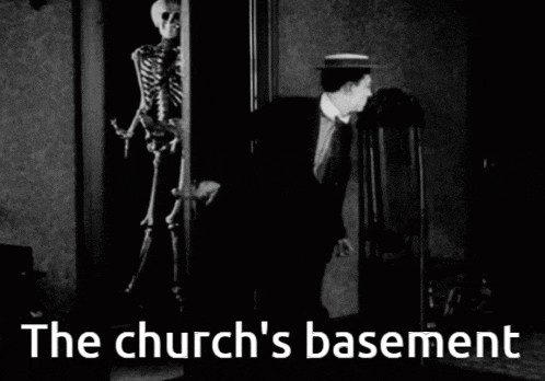 a black and white photo of a skeleton in a doorway with the words the church 's basement below it