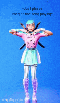 a girl in a pink shirt and purple skirt is standing with her arms outstretched and the words just please imagine the song playing above her