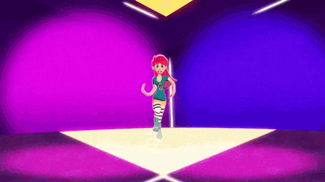 a cartoon girl with red hair is standing on a stage