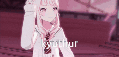a pink and white anime girl with the word kyuthur written on the bottom