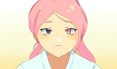 a drawing of a girl with pink hair and a red eye