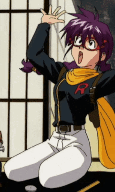 a girl with purple hair and a yellow scarf has a letter r on her shirt