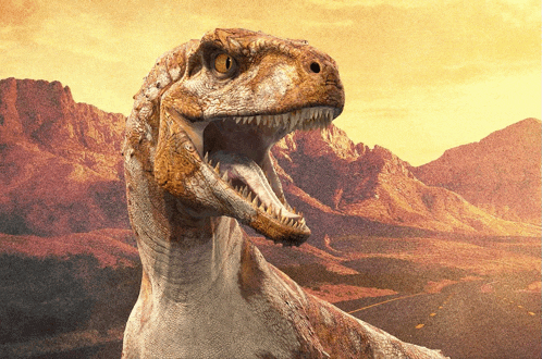 a close up of a dinosaur with its mouth open and mountains in the background