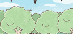 three cartoon characters with helicopters on their heads are sitting in trees